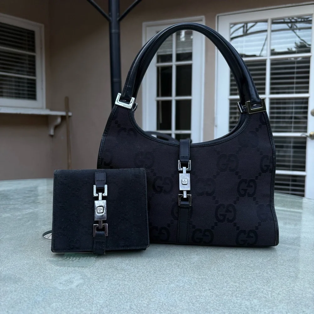 GUCCI Jackie 1961 GG Monogram Canvas Leather Black Women's Bag & Wallet Set - Picture 3 of 7